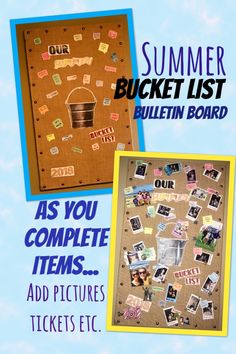 a bulletin board with pictures on it and the words summer bucket list attached to it