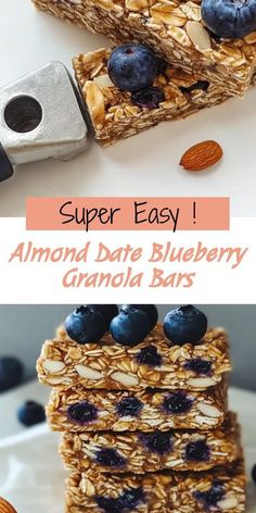 blueberry granola bars are stacked on top of each other with the words super easy