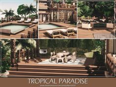 an image of a tropical paradise setting with tables and chairs