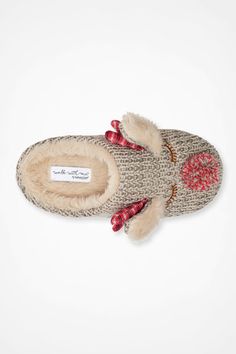 Toasty toes and a ready smile – these adorable slippers are merry-comfortable. Acrylic sweater knit uppers have a pompom nose and plaid antlers. | Women's Reindeer Slippers - Cream Multi - 8 Reindeer Slippers, Holiday Slippers, Acrylic Sweater, Winter Holiday, Sweater Knit, Winter Holidays, Antlers, Reindeer, Knitted Sweaters