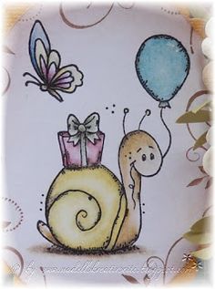 a snail with a gift box on it's back and balloons in the air