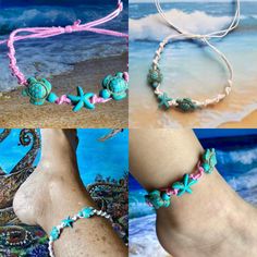 Pair of turquoise polymer sea turtles and a starfish adorn this boho style of sliding, knotted cord 'friendship bracelet' or anklet , Select: White OR Pink cord Diameter of opening is 12.5 ", easily slides over womens size 8.5-9 shoe for anklet. (Matching earring sold separately) Adjustable Turquoise Friendship Bracelets For Beach, Turquoise Adjustable Friendship Bracelets For Beach, Turquoise Friendship Bracelets For Beach Season, Turquoise Adjustable Beach Bracelets, Handmade Turquoise Friendship Bracelets For Beach Season, Turquoise Adjustable Beach Bracelet, Turquoise Friendship Bracelets For Beach, Turquoise Braided Bracelets For Summer Beach, Turquoise Friendship Bracelets As Beach Season Gifts