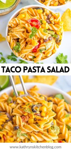 taco pasta salad with tortilla chips and avocado on the side