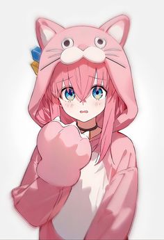 an anime character with pink hair and big blue eyes wearing a cat costume over her head