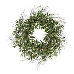 an olive wreath with green leaves and berries