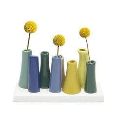 four vases with yellow flowers in them on a white tray against a white background