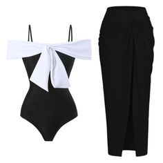 White Bow Black Swimsuit with Skirt - SHExFAB Black Swim Dress For Summer Beachwear, Black Swim Dress For Spring Beach Party, Black Swim Skirt For Poolside Summer, One-piece Swim Skirt For Summer Vacation, Black Swim Dress For Beach Party, Fitted Black Swim Dress For Beach Party, Summer Two-piece Swimwear For Party, Chic Party Swim Dress For Beach Season, Summer Party Two-piece Swimwear