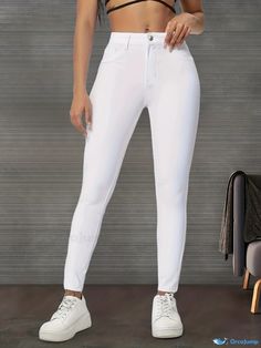 Orcajump - White Slim Fit Skinny Jeans, High-Stretch Slant Pockets Versatile Tight Jeans, Women's Denim Jeans & Clothing High Rise Stretch Jeans In Solid Color, White Stretch High Rise Jeggings, White Stretch High-rise Jeggings, High Waist Stretch Jeans In Solid Color, White Fitted Casual Jeggings, White Fitted Mid-rise Jeggings, High Waist High Stretch Jeggings, High Stretch High Waist Jeggings, High-waist High-stretch Solid Jeggings