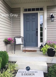 the front door of a house with flowers and plants