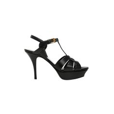 Saint Laurent leather sandal. Approx. 3" covered stiletto heel; 1.2" platform; 1.8" equiv. Tapered straps band open toe. T-strap vamp. Adjustable ankle strap. Leather lining and sole. Made in Italy Evening T-strap Sandals With High Heel, High Heel T-strap Sandals For Evening With Heel Loop, Leather T-strap Platform Heels, Classic T-strap Heels For Formal Occasions, Classic T-strap Sandals With Open Heel For Formal Occasions, Chic T-strap Sandals With Platform And Ankle Strap, Classic Formal T-strap Sandals With Open Heel, Classic Sandals With 4-inch Heel, Elegant Leather T-strap Sandals For Evening