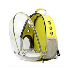 a yellow and white backpack sitting on top of a white floor