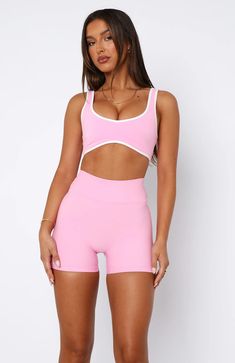 I'll Prove It Sports Crop Baby Pink/White | White Fox Boutique US Sporty Sports Bra With Built-in Padding For Summer, Sports Activewear With Built-in Padding And Wide Straps, Fitted Sports Bra With Built-in Padding For Summer, Sports Swimwear With Built-in Bra And Wide Straps, Sleeveless Activewear With Built-in Padding For Sports, Pink Fitted Activewear With Built-in Padding, Pink Activewear With Built-in Padding For Light Sports, White High Stretch Sports Swimwear, White High Stretch Swimwear For Sports