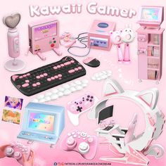 a pink poster with various toys and gadgets