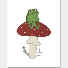 a frog sitting on top of a mushroom with its legs crossed and eyes wide open