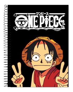 one piece notebook with an image of the character holding two fingers up in front of him