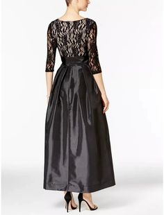 A-Line Mother of the Bride Dress Wedding Guest Elegant Scoop Neck Ankle Length Satin Lace Half Sleeve with Bow(s) Ruching Mother Of Groom Outfits, Taffeta Gown, Bow Sash, Taffeta Skirt, Dress Wedding Guest, Groom Dresses, Guest Attire, Straight Neckline, Wedding Rehearsal