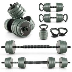 an assortment of gym equipment including dumbs, barbells and weights