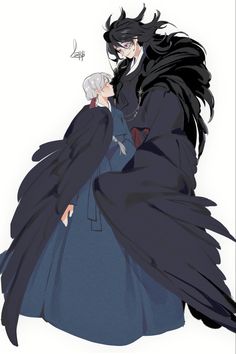 an anime character with long black hair hugging another character