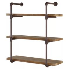 three shelves with metal pipes and wooden shelves