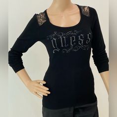 Nwt Pretty Guess Sweater. Pewter Tone Studs And Crystal-Embellished On The Guess Logo. Gorgeous Lace Back. Ribbed Below The Bust Line. Winter Embellished Tops, Elegant Winter Tops With Rhinestones, Elegant Rhinestone Tops For Winter, Elegant Rhinestone Tops, Guess Sweater, Guess Logo, Lace Sweater, Lace Back, Colorful Sweaters