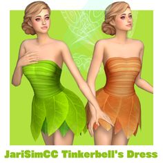 two women dressed in green and orange dresses, one is wearing a dress with leaves on it