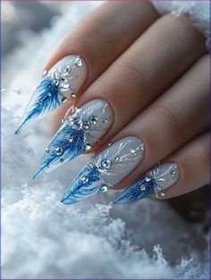 Snow Queen Nails, Acrylic Winter Nail Designs, Christmas Nail Design Ideas, Glacier Nails, Winter Nails Long, Winter Themed Nails, Frosty Nails, Icicle Nails, Acrylic Nail Trends