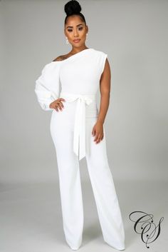 Taliyah Open Shoulder Jumpsuit, Jumpsuit - Designs By Cece Symoné Alisha Berry, High Waist Jumpsuit, Asymmetrical Collar, White Fashion Casual, One Shoulder Jumpsuit, Long Jumpsuits, Jumpsuit With Sleeves