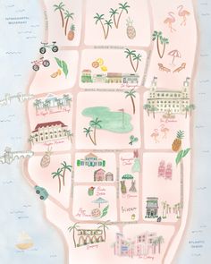 a pink map with palm trees and buildings on it