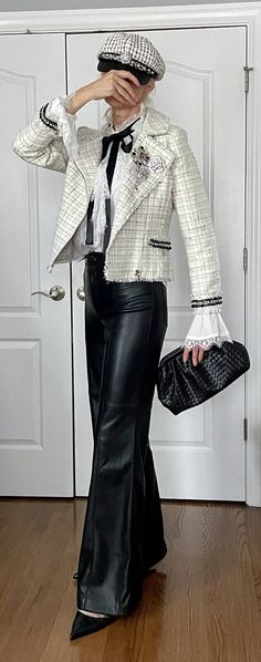 Elegant and chic set of jacket and hat. 1. NWT Ann Taylor Cream Black Plaid Tweed jacket with gold thread originally size 8P and fits regular size M. Super trendy and chic with asymmetrical zipper. Fringed. Fully lined , two pockets with fancy crystal buttons. Black fringe pearl trim embellishment. Measurements: Length 22” Shoulders 17” Armpits 19” Sleeves 23” 2. New Unbranded cream black tweed hat with black faux leather visor and pearl trim . One size. Chanel style. Great quality and expensive Black And White Tweed Jacket Outfit, Chanel Winter Outfits, Tweed Vest Outfit Women, White Tweed Jacket Outfit, Vest Outfit Women, White Tweed Jacket, Tweed Jacket Outfit, Chanel Tweed Jacket, Chanel Hat