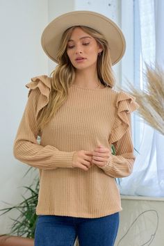 Doe & Rae Knit pullover top with double ruffle accented shoulders and round neck. Lightweight. Casual and feminine. Color: HoneySizes: S-M-L Bust 38-40-42, very stretchy, Length 27 on size L 95% Polyester, 5% Spandex, imported D2/40003T Ruffle Shoulder Top, Holiday 2024, Knit Pullover, Dusty Rose, Knitted Pullover, Peplum Top, Knit Top, Shoulder Top, Knitted Sweaters