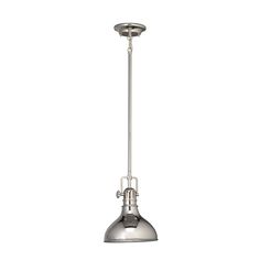 an industrial style pendant light fixture with a metal finish on the bottom, and a white background