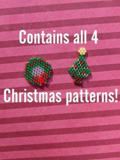 two christmas ornaments are on top of a pink striped background with the words, contains all 4 christmas patterns