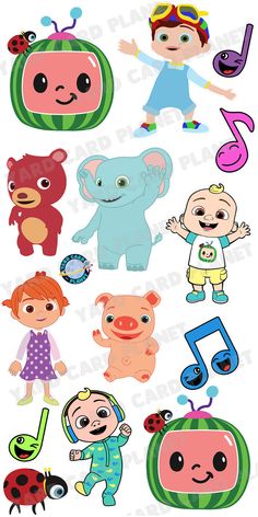 children's cartoon stickers with animals, music notes and other things on them