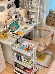 a white desk topped with lots of clutter