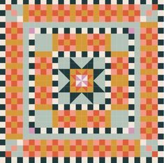 an orange, black and white checkered quilt with a star in the center on it