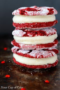 red velvet cookies stacked on top of each other