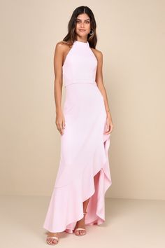 Majestic Perfection Light Pink Ruffled Halter Maxi Dress Light Pink Wedding, Velvet Bridesmaid Dresses, Pink Bridesmaid Dresses, Halter Maxi Dress, Bridal Party Dresses, Halter Maxi, Satin Maxi Dress, Halter Maxi Dresses, Lulu Dresses