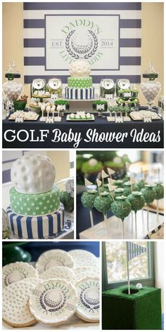 a collage of photos with green and white items on it, including cake, desserts, and decorations