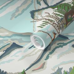 a wallpaper with trees and mountains on it