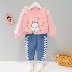 Spring / Autumn Baby/Toddler Rabbit Cartoon 2 Pcs Clothes Set - Long Sleeves T+ Pants - Pink & Blue Baby Shop - Review Childrens Clothes Girls, Shirt Pant Set, Bunny Print, Rabbit Cartoon, Fashionable Baby Clothes, Clothes Set, Modern Outfits, Kids Sweater, Suit Fashion