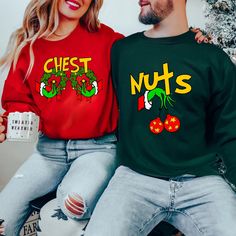 "Chest Nuts Couples Matching Sweatshirts, Christmas Humor, Family Holiday Hoodie, Funny Saying, Couple Sweater, Christmas Party Sweatshirt WELCOME TO TAILORVERSECO 🌸🎁 Step into the world of TailorVerseCo for a delightful selection of tailor-made, cozy sweatshirts, hoodies and t-shirts!  Your satisfaction is our top concern. For any queries, we're here to help - just drop us a message, and we'll get back to you promptly. ORDERING PROCESS 👕➡️🛍 Here's how you can easily place your order: 1) Sel Xmas Movies, Couples Holiday, Christmas Friends, Couples Sweaters, Holiday Hoodies, Matching Christmas Shirts, Christmas Gifts For Couples, Couples Sweatshirts, Matching Sweatshirts