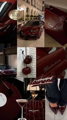 a collage of photos with cars and wine glasses