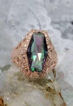 Mystical Gemstone Rings For Formal Occasions, Vintage Iridescent Rings For Wedding, Iridescent Rings With Accent Stones For Formal Occasions, Iridescent Rings With Accent Stones For Formal Events, Formal Iridescent Rings With Accent Stones, Hexagonal Ring, Art Deco Filigree, Mystic Topaz Ring, Rose Gold Plated Ring