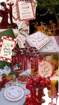 a collage of photos with cards and food