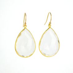 We're celebrating the month of April with beautiful Clear Quartz earrings! You can choose your favorite gemstone shape and size to fit your style. These earrings would make a great gift for birthdays or holidays, or if you just need a bit of elegant classic earrings in your jewelry fashion.The gemstones are listed in the following order:1. Large Teardrop - 18 x 25mm2. Medium Teardrop - 9 x 13mm3. Small Teardrop - 6 x 9mm4. Small Round - 10mm5. Large Round - 18mm6. Diamond Prong - 8 x 13mm7. Pron Nickel-free Clear Jewelry For Parties, Nickel Free Clear Jewelry For Party, Elegant Clear Earrings As Gift, Elegant Clear Crystal Earrings For Everyday, Classic Clear Earrings For Gifts, Clear Drop Jewelry For Parties, Gold Faceted Crystal Earrings For Gift, Elegant Teardrop Clear Earrings, Elegant Clear Teardrop Earrings