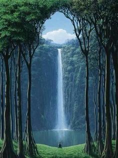 a painting of a woman standing in front of a waterfall with trees and grass around her