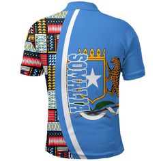 Somalia Flag and Kente Pattern Polo ShirtAll of our Polo Shirt are custom-made-to-order and handcrafted to the highest quality standards. Crafted in 95% polyester, 5% spandex with your own design which combines comfort and vogue. This shirt has some great features, it has 3 buttons, elastic collar, and cuffs. 12.35 Oz. Made from polyester fabric. 3 buttons, elastic collar, and cuffs. Extremely soft to the touch, durable and breathable. Machine wash cold. The print on the garment body is unable t Fitted Polo Shirt With Graphic Print, Fitted Polo Collar Shirt With Graphic Print, Blue Fitted Shirt With Custom Print, Fitted Blue Shirt With Custom Print, Fitted Polo Shirt With Custom Print, Fitted Blue Shirt With Sublimation Print, Fitted Short Sleeve Polo Shirt With Custom Print, Fitted Cotton Shirt With Sublimation Print, Fitted Polo Shirt With Sublimation Print And Crew Neck