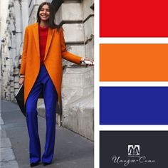 Electric Blue Outfit Color Combos, Orange Coat, Outfit Primavera