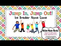 a sign that says jump in jump out ice breaker name game with kids jumping on it