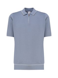 Light blue Short-sleeved Polo Shirt from Eleventy -Knitted design -Contrasting trim -Polo style collar -Short sleeves -Ribbed hem and cuffs -Straight hem -Hidden front closure with half zip -Made in Italy -Color: Light blue -100% Cotton | Eleventy Men's Short-sleeved Polo Shirt in Light Blue | SS24 Textured Knit Short Sleeve Polo Sweater, Fitted Polo Sweater With Textured Knit And Short Sleeves, Fitted Short Sleeve Textured Knit Polo Sweater, Fitted Blue Polo Sweater With Short Sleeves, Fitted Short Sleeve Blue Polo Sweater, Fitted Blue Short Sleeve Polo Sweater, Blue Fitted Short Sleeve Polo Sweater, Fitted Shirt With Ribbed Collar And Short Sleeves, Fitted Short Sleeve Shirt With Ribbed Collar